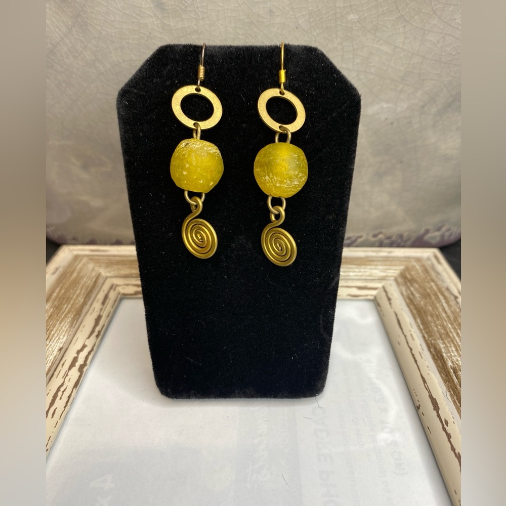 NEW Frosted Yellow Glass Earrings Handmade Brass Dangle Boho Elegant Style